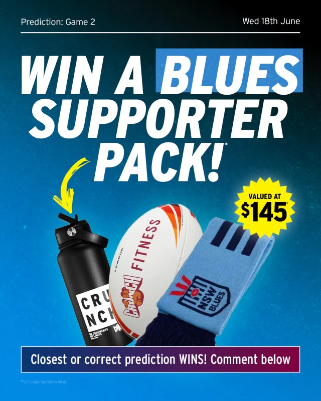 🔥 STATE OF ORIGIN GIVEAWAY! Think you’ve got the winning prediction for Game 2? Drop your final score guess in the comments below! 1 lucky Crunch Fitness member* who guess correct score (or gets the closest) will win an epic State of Origin NSW prize pack — featuring a Crunch premium water bottle, towel, Steeden ball, and NSW scarf (valued at $145*).  🏉 NSW or QLD — who’s taking the win?  Get your guess in before 8PM, Wednesday 18th June.
Game on!  #crunchfitnessau #stateoforigin #fitnessgiveaway #crunchfitness #fitness #crunch #nsw  *Ts&Cs apply.