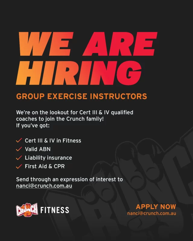 🚨 WE’RE HIRING INSTRUCTORS! 🚨
Are you a Cert III/IV qualified coach with energy to spare and a passion for leading the room? Crunch Fitness is on the hunt for Group Exercise Instructors to join our crew! 💪
✅ ABN & insurance
✅ First Aid & CPR
✅ Ready to bring the heat 🔥
If you’ve got the vibes and the credentials, this role is made for YOU. Let’s get loud, sweaty, and strong—the Crunch way! 
#crunchfitnessau #fitness #gym #workout #crunch #groupfitness #groupfitnessinstructors