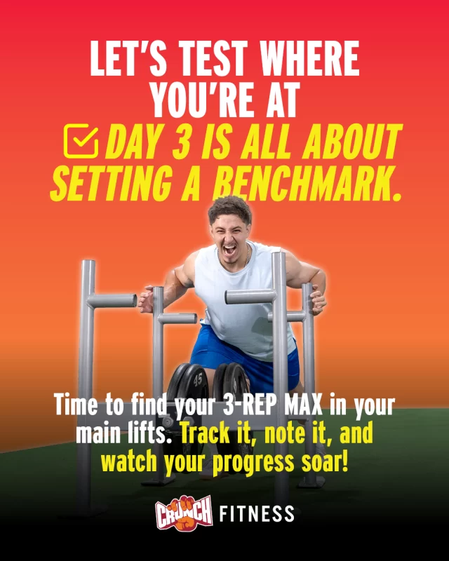 Let’s test where you’re at ✅ Day 3 is all about establishing your baseline strength — because you can’t improve what you don’t measure.  Today’s focus: Find your 3-rep max for your main lifts (Squat, Bench, Deadlift).
This isn’t about ego - it’s about data.
Track it, write it down, and use it as your benchmark for the progress ahead.  Progress starts with knowing your starting line.
Let’s build from here. 👊  #CrunchFitness #StrengthTesting #3RepMax #TrackYourProgress #BaselineStrength #CrunchChallenge #LiftSmart