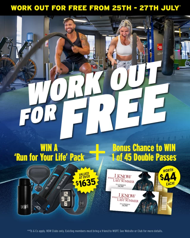 WORK OUT FOR FREE this weekend and be in the running to WIN a ‘Run For Your Life’ Prize Pack 🏃‍♀️ PLUS a BONUS CHANCE to score 1 of 45 double passes to 'I Know What You Did Last Summer', in cinemas now! 🎬🍿 @sonypicturesaus  How to enter:
✔️ Members: Bring a guest during WOFF
✔️ Non-members: Just visit any Crunch club during WOFF  Every visit = an entry. Unlimited entries, unlimited chances!  *^Ts & Cs apply. See Website or Club for more details.  #IKWYDLS #WORKOUTFORFREE #WOFF #CrunchFitnessau #CrunchFitness